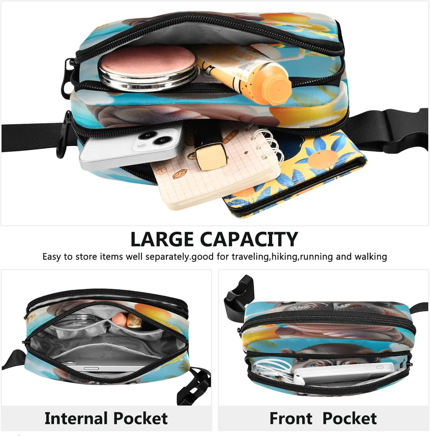 Exnundod Fanny Packs Summer Beach Hippo Running Waist Pack Tropical Women Crossbody Bags Waterproof Men Fanny Pack