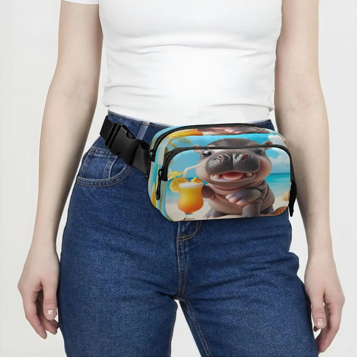 Exnundod Fanny Packs Summer Beach Hippo Running Waist Pack Tropical Women Crossbody Bags Waterproof Men Fanny Pack