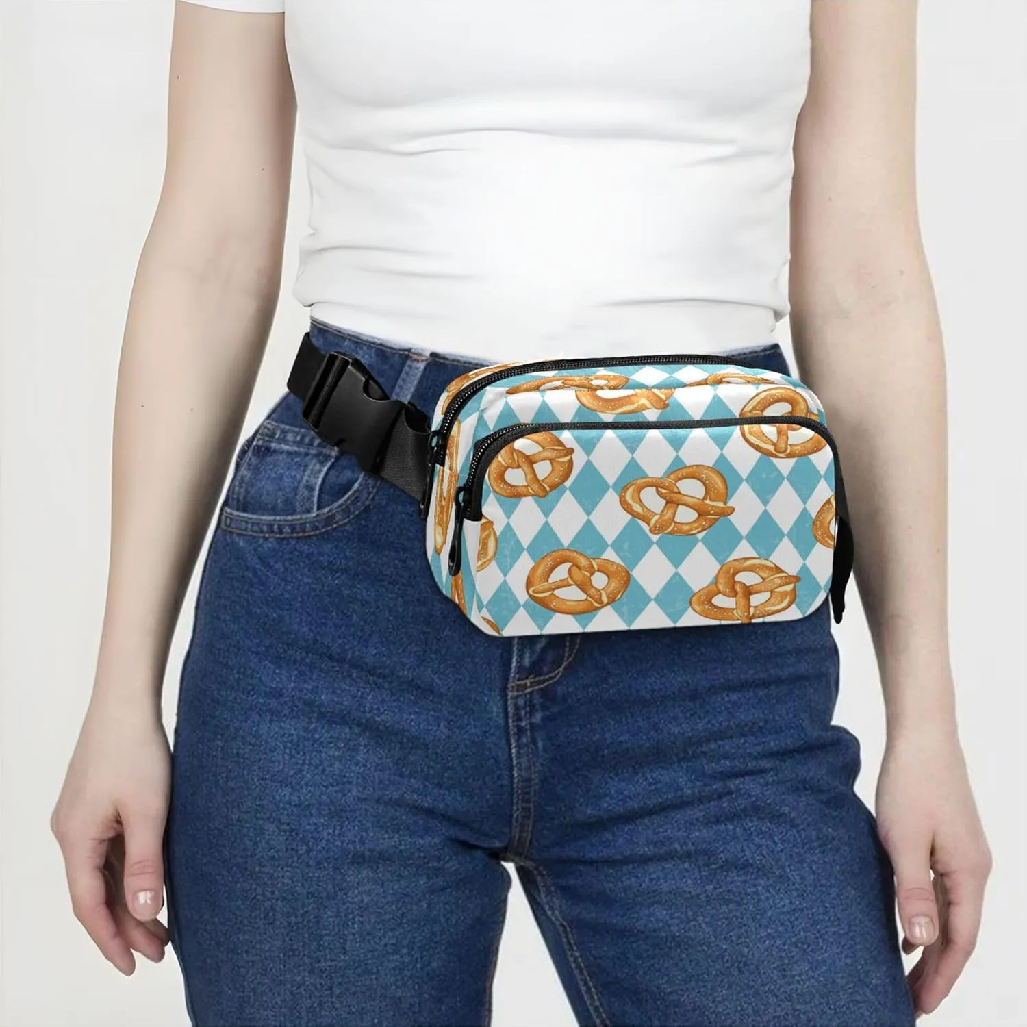 Exnundod Fanny Packs Traditional Baked Pretzels Pattern Running Waist Pack Blue Rhombus Women Crossbody Bags Waterproof Men Fanny Pack