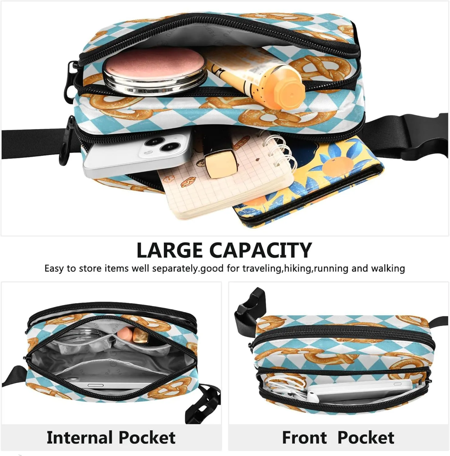 Exnundod Fanny Packs Traditional Baked Pretzels Pattern Running Waist Pack Blue Rhombus Women Crossbody Bags Waterproof Men Fanny Pack