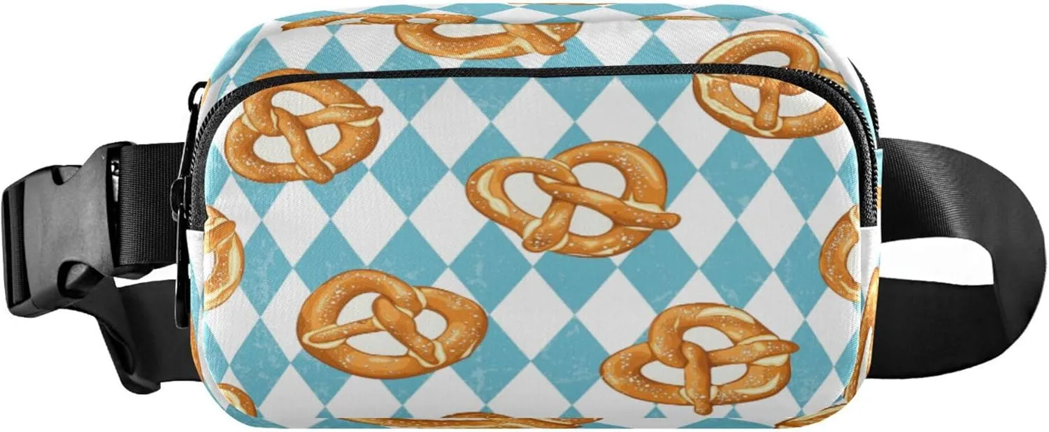 Exnundod Fanny Packs Traditional Baked Pretzels Pattern Running Waist Pack Blue Rhombus Women Crossbody Bags Waterproof Men Fanny Pack
