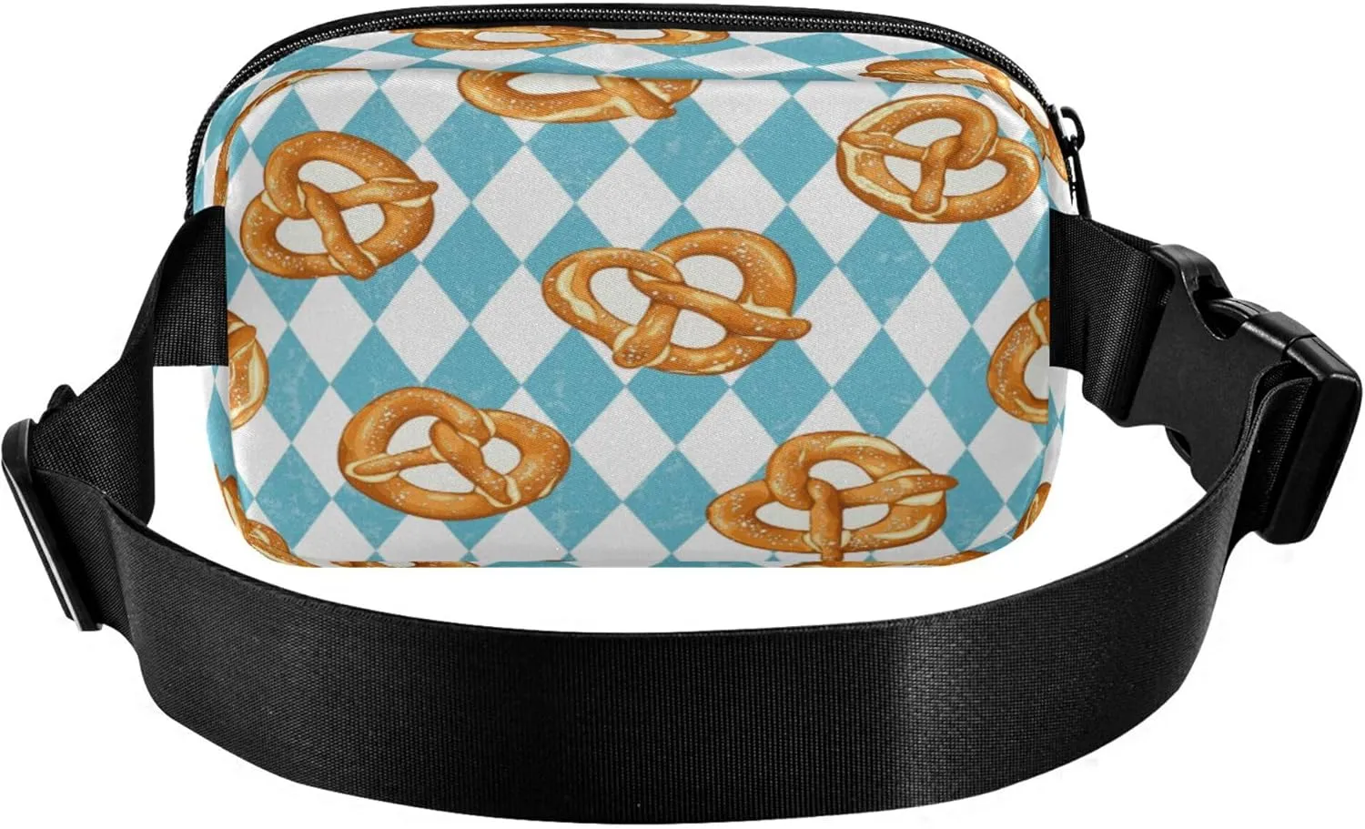 Exnundod Fanny Packs Traditional Baked Pretzels Pattern Running Waist Pack Blue Rhombus Women Crossbody Bags Waterproof Men Fanny Pack