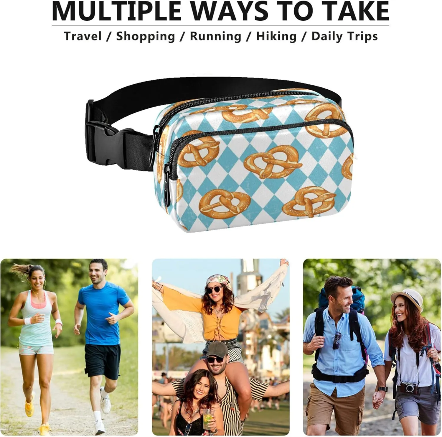 Exnundod Fanny Packs Traditional Baked Pretzels Pattern Running Waist Pack Blue Rhombus Women Crossbody Bags Waterproof Men Fanny Pack