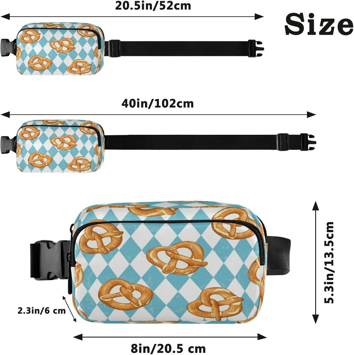 Exnundod Fanny Packs Traditional Baked Pretzels Pattern Running Waist Pack Blue Rhombus Women Crossbody Bags Waterproof Men Fanny Pack