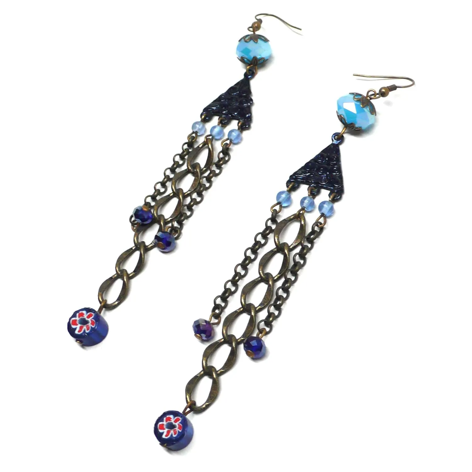 Extra-Long Painted Navy Blue Triangle Antique Brass Chain Earrings