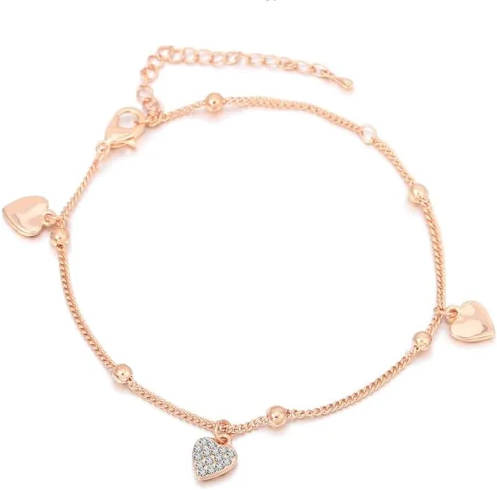 Fashion Beads Anklets Women Crystal Lovely Heart Ankle Bracelet Color Gold Beach Foot Jewelry (Style 1-Rose Gold- )