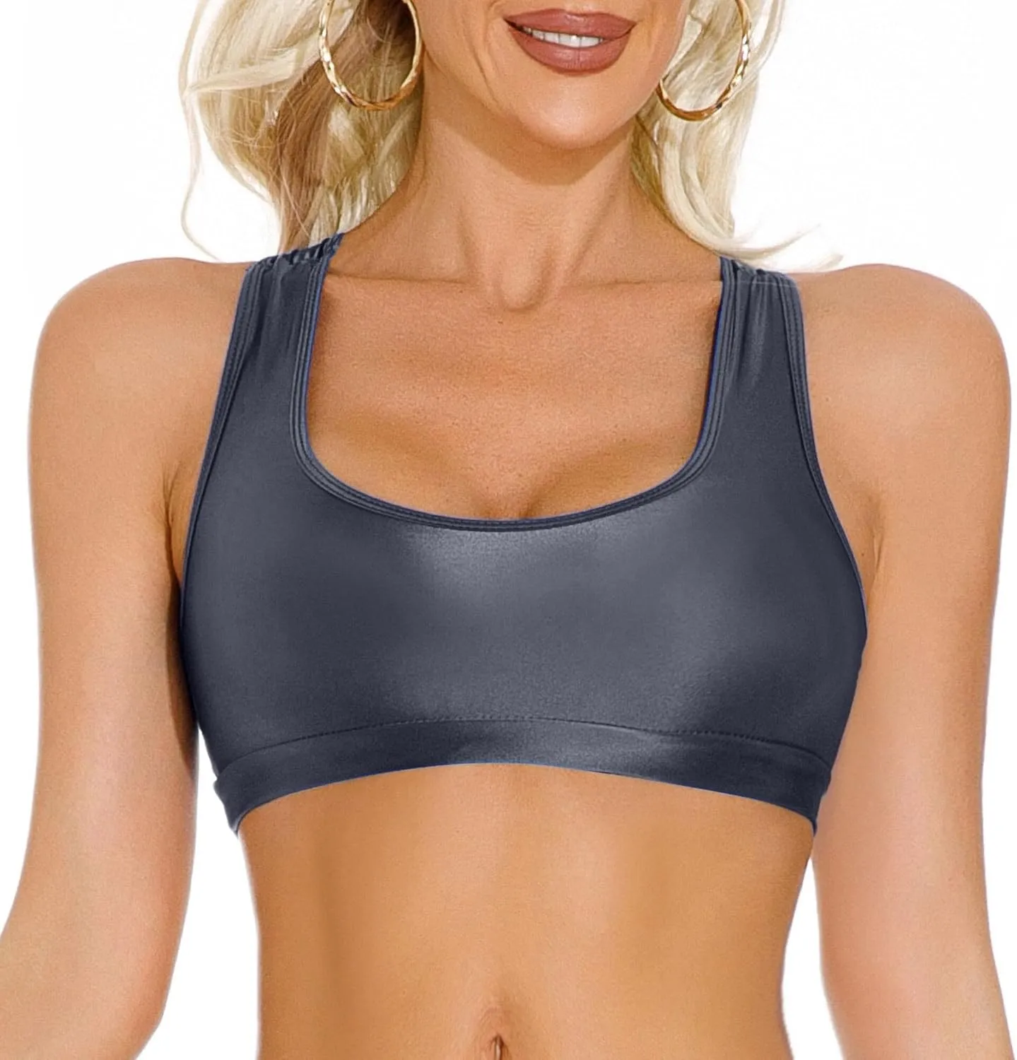 FEOYA Womens Glossy Bras Oil Shiny Crop Tank Top Merallic Deep U Vest Tops for Club Party Cosplay