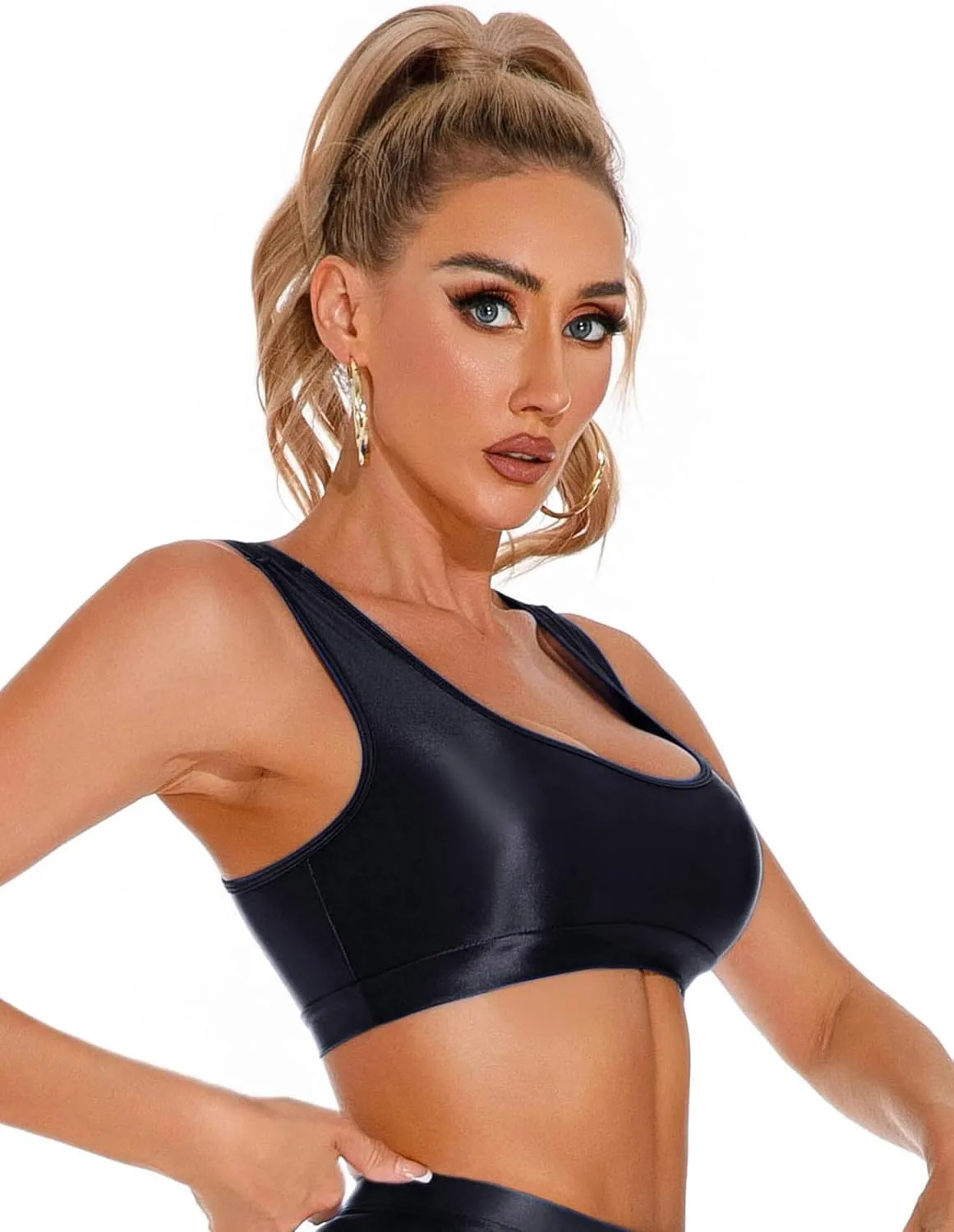 FEOYA Womens Glossy Bras Oil Shiny Crop Tank Top Merallic Deep U Vest Tops for Club Party Cosplay