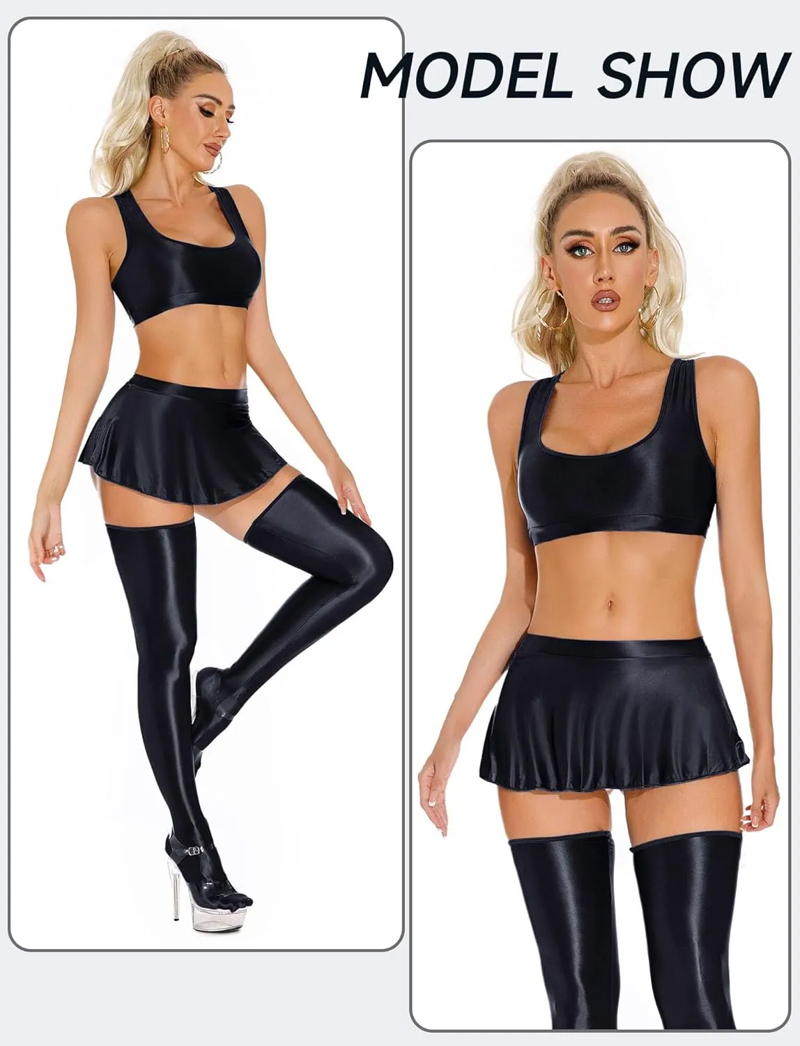 FEOYA Womens Glossy Bras Oil Shiny Crop Tank Top Merallic Deep U Vest Tops for Club Party Cosplay