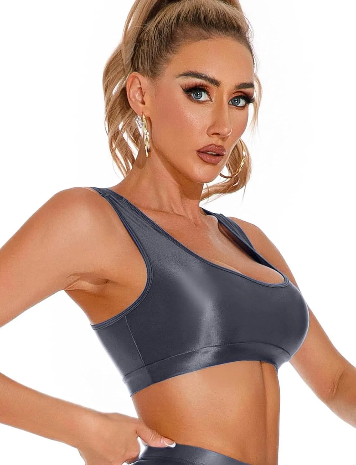 FEOYA Womens Glossy Bras Oil Shiny Crop Tank Top Merallic Deep U Vest Tops for Club Party Cosplay
