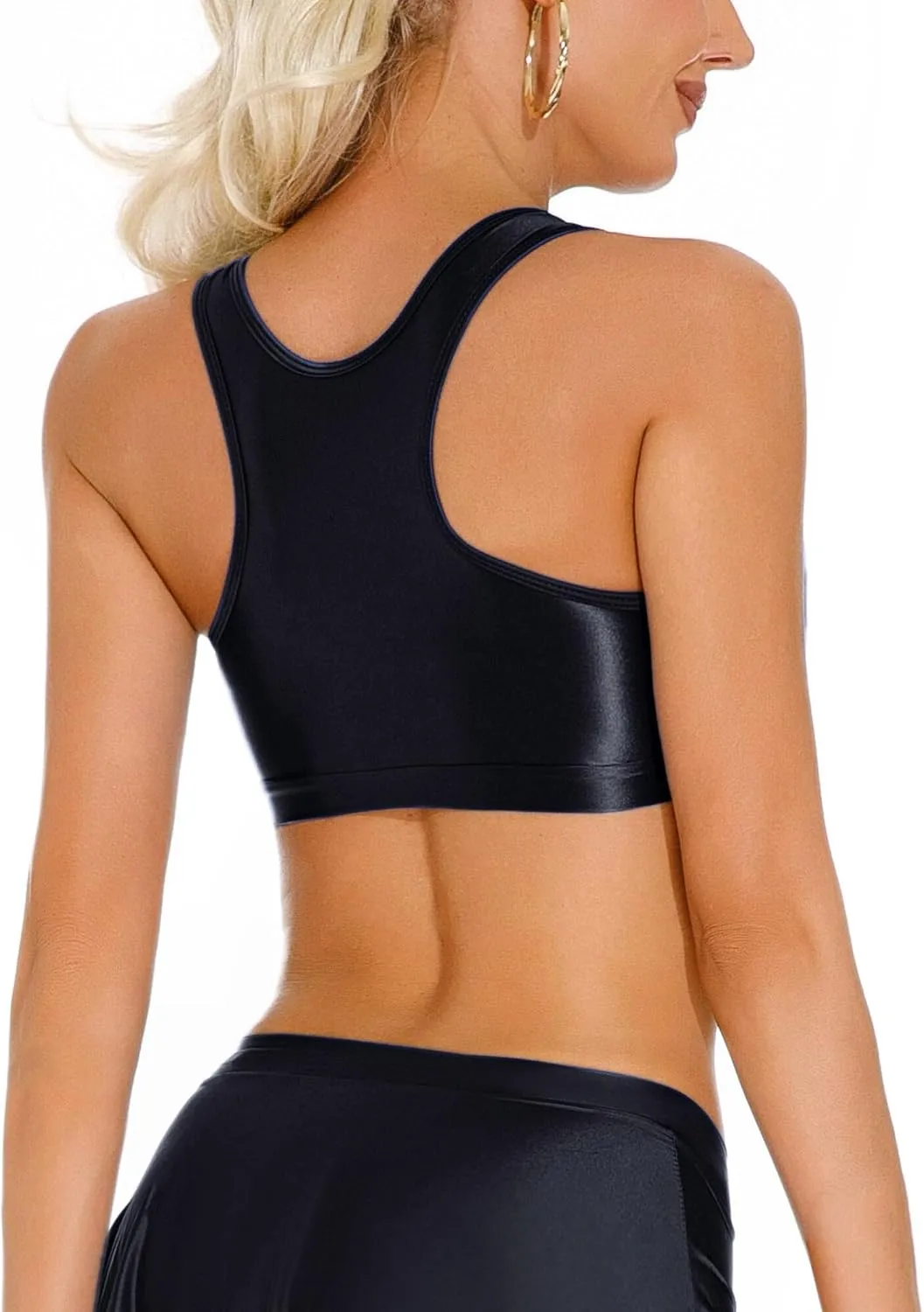 FEOYA Womens Glossy Bras Oil Shiny Crop Tank Top Merallic Deep U Vest Tops for Club Party Cosplay