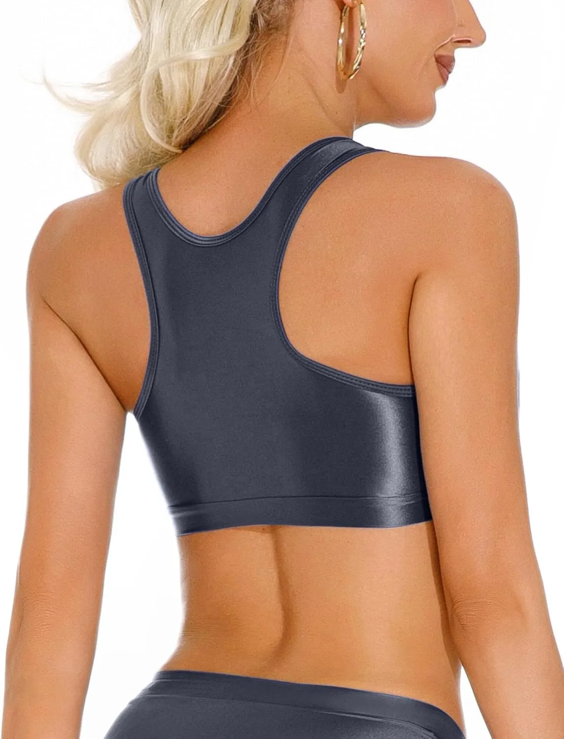 FEOYA Womens Glossy Bras Oil Shiny Crop Tank Top Merallic Deep U Vest Tops for Club Party Cosplay
