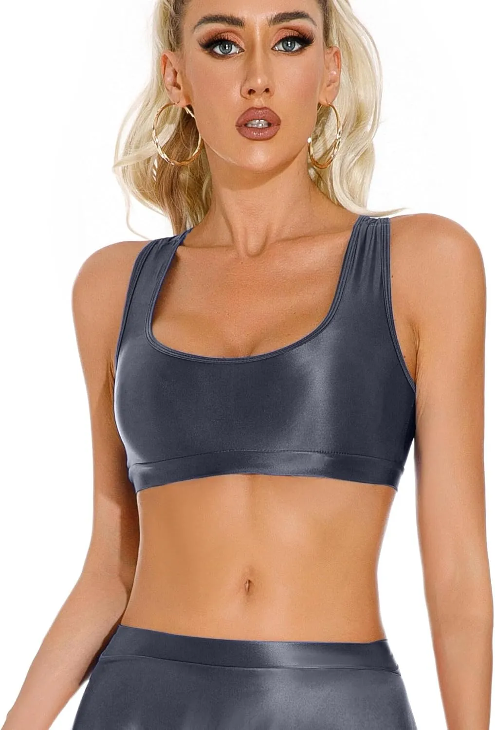 FEOYA Womens Glossy Bras Oil Shiny Crop Tank Top Merallic Deep U Vest Tops for Club Party Cosplay