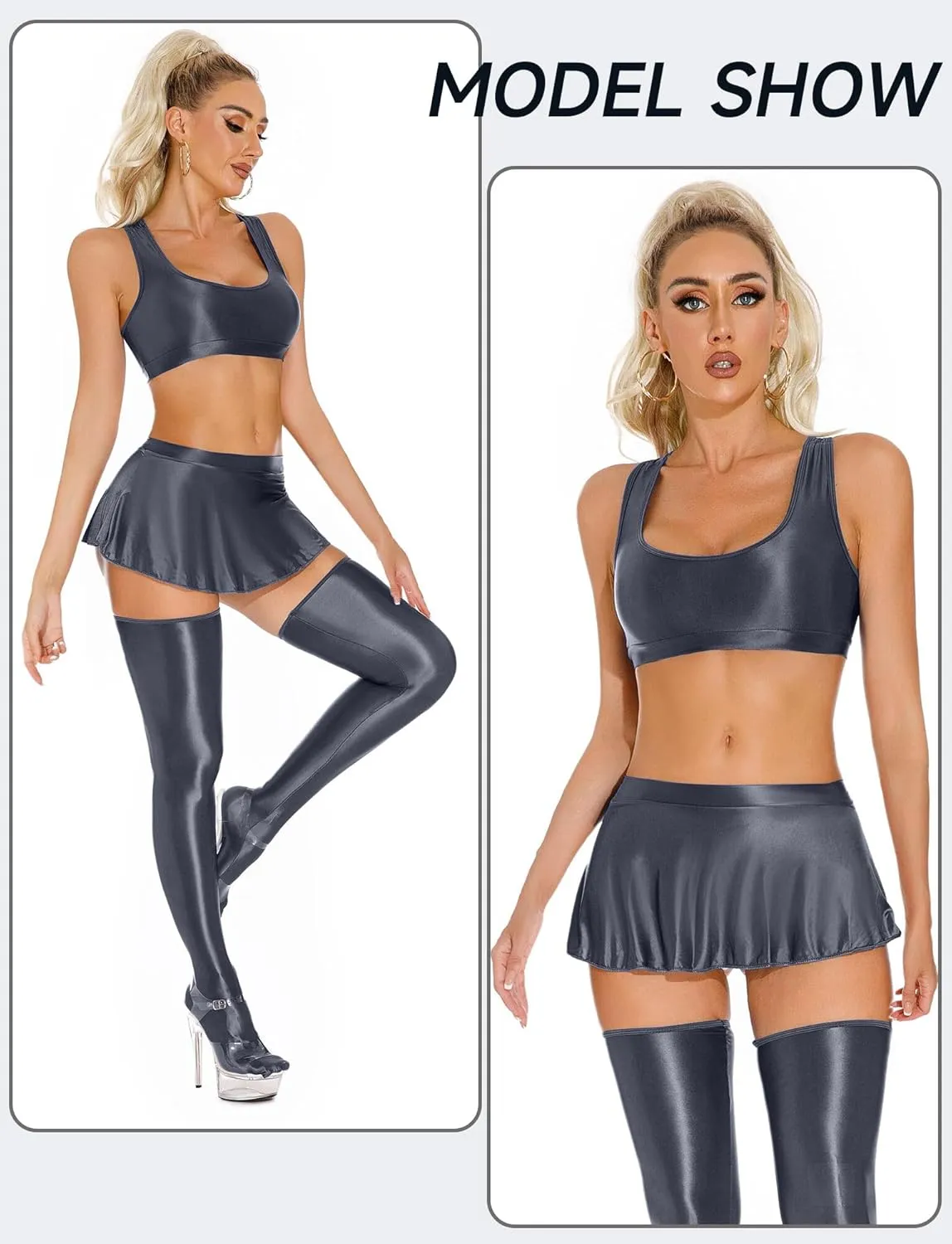 FEOYA Womens Glossy Bras Oil Shiny Crop Tank Top Merallic Deep U Vest Tops for Club Party Cosplay