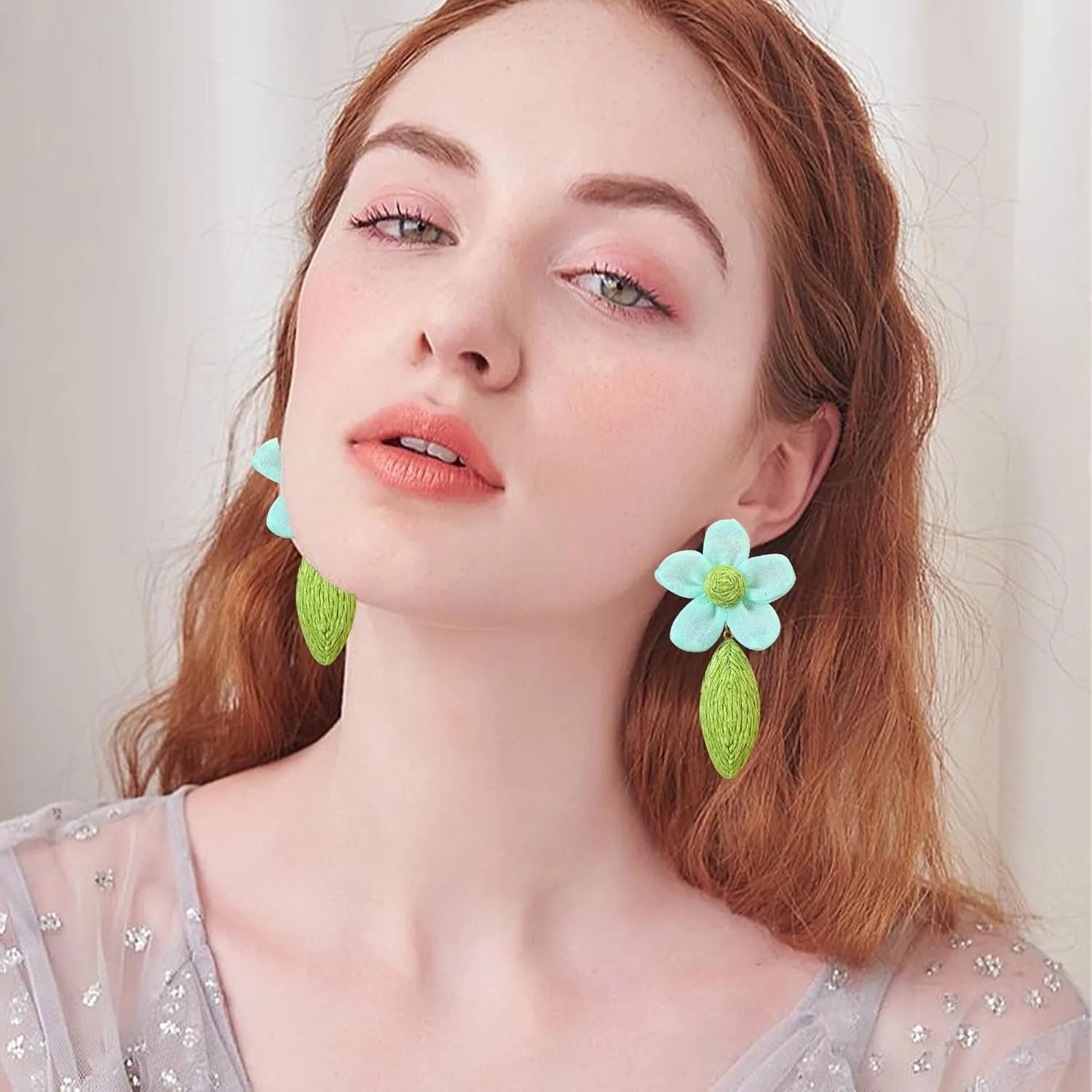 Flower Rattan Earrings for Women Statement Boho Raffia Straw Wrapped Flower Drop Dangle Earrings Summer Tropical Beach