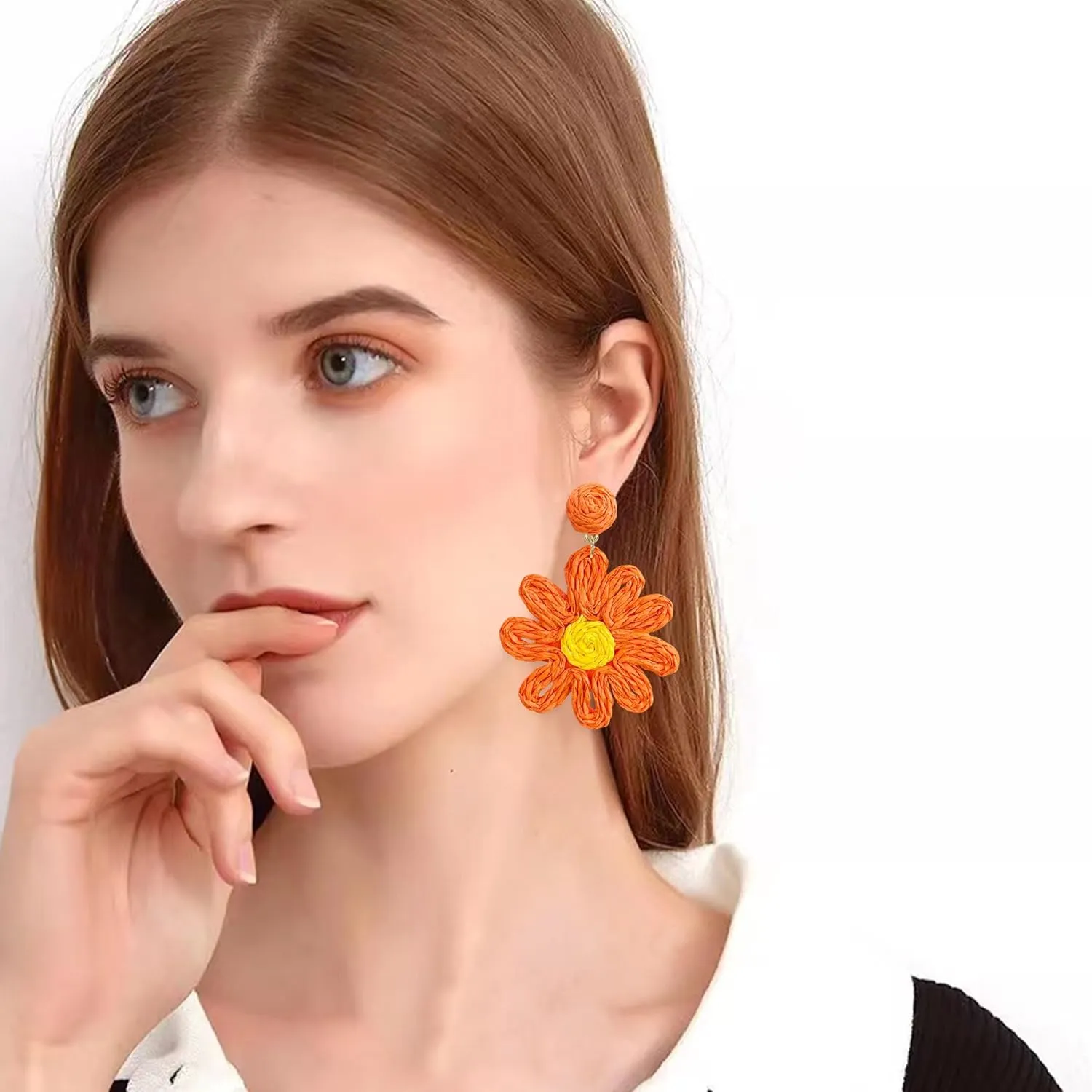 Flower Rattan Earrings Summer Boho Raffia Sunflower Dangle Earrings for Women Lightweight Straw Statement