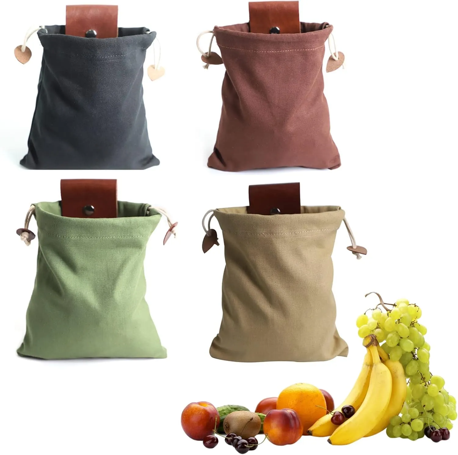 Foraging Bag Waxed Canvas Collapsible, Waxed Canvas Mushroom Foraging Pouch, Camping Bag Belt Packs Waterproof Small Leather Pouch Hunting Fanny Pack for Pick & Seashells Outdoor (4 PCS, Leather)