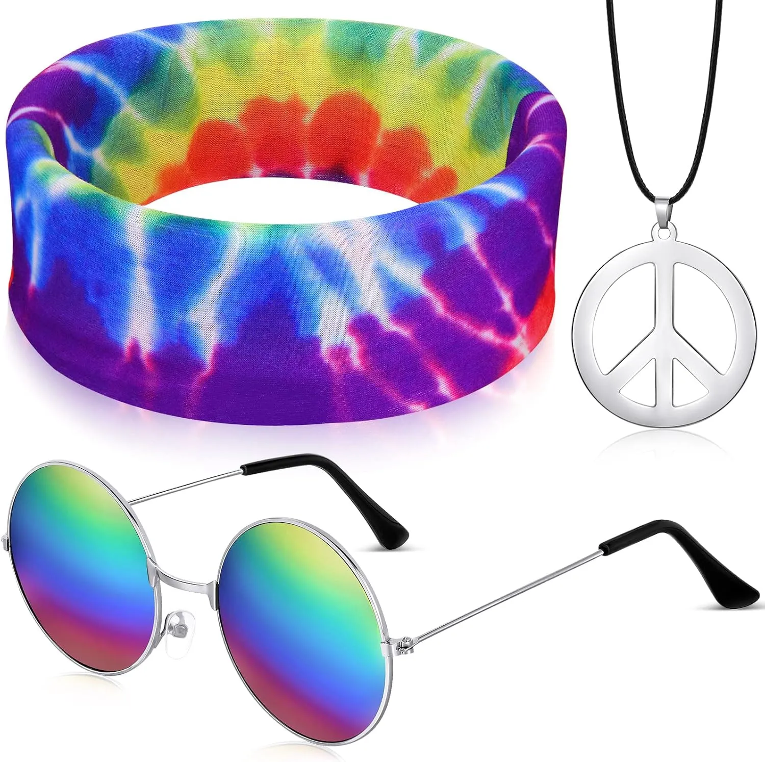 Frienda 3 Pcs Hippie Accessories Costume, 70s Rainbow Leopard Outfit, Hippie Headbands for Men, Peace Sign Necklace, Sunglasses (Stylish Rainbow Style)
