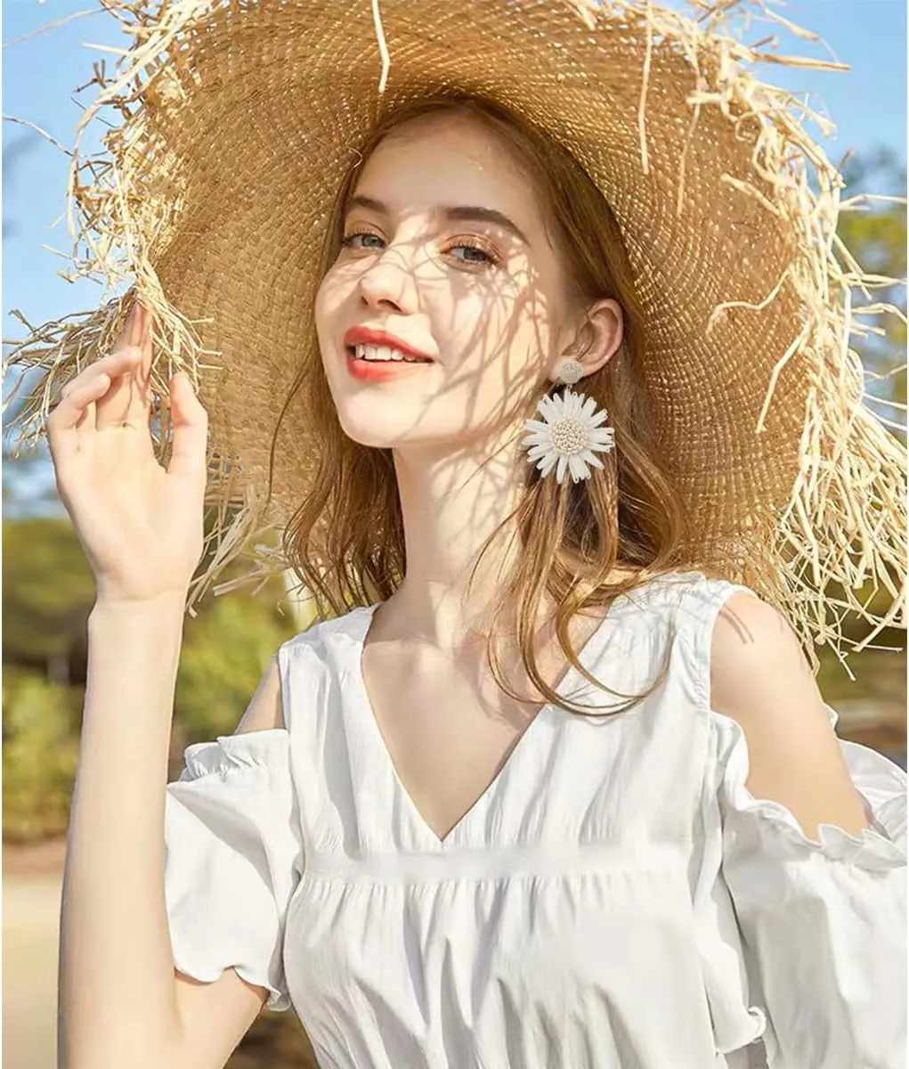 FUTIMELY Bohemian Raffia Flower Drop Dangle Earrings Large Light Daisy Floral Statement Earring Fashion Beach Vacation Earring for Women Teen Girls