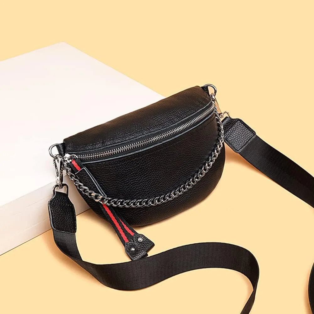 Genuine Leather Fanny Pack Crossbody Bags for Women Waist Bag Fashion Belt Bag Chest Purses Casual Sling Waist Bag with Zipper (Black)