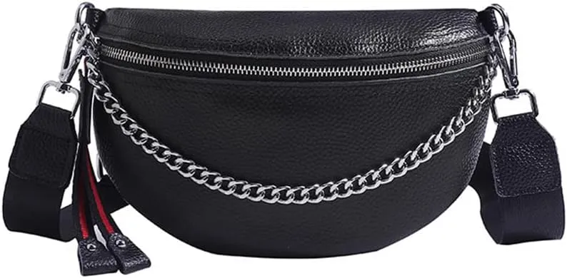 Genuine Leather Fanny Pack Crossbody Bags for Women Waist Bag Fashion Belt Bag Chest Purses Casual Sling Waist Bag with Zipper (Black)
