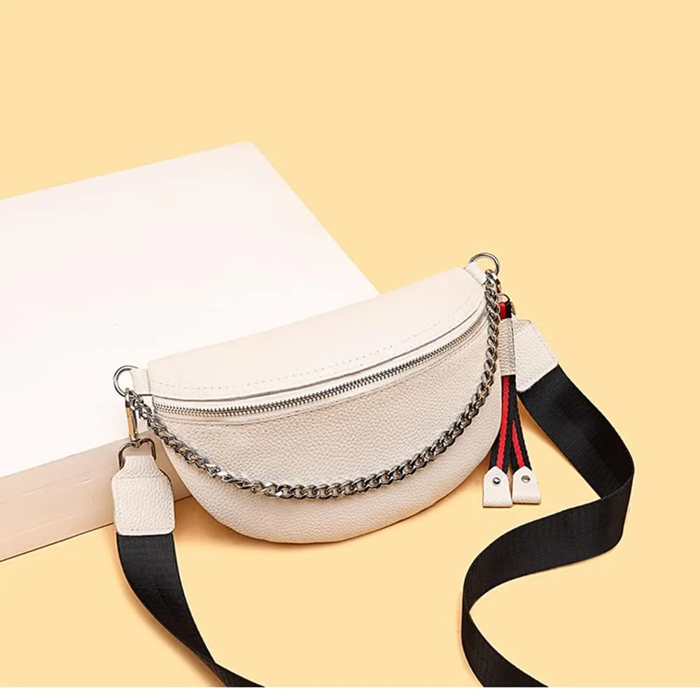 Genuine Leather Fanny Pack Crossbody Bags for Women Waist Bag Fashion Belt Bag Chest Purses Casual Sling Waist Bag with Zipper (White)