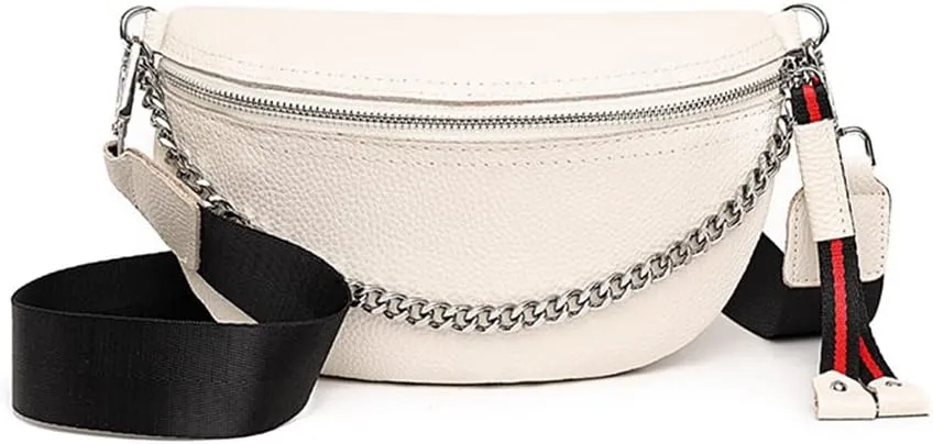 Genuine Leather Fanny Pack Crossbody Bags for Women Waist Bag Fashion Belt Bag Chest Purses Casual Sling Waist Bag with Zipper (White)