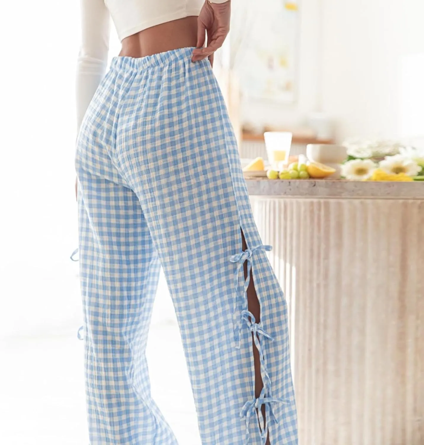 Giraropa Women Y2K Pajama Pants Bow Tie Side Loose Trousers Striped Lounge Pants High Waist Wide Leg Sweatpants Bottoms