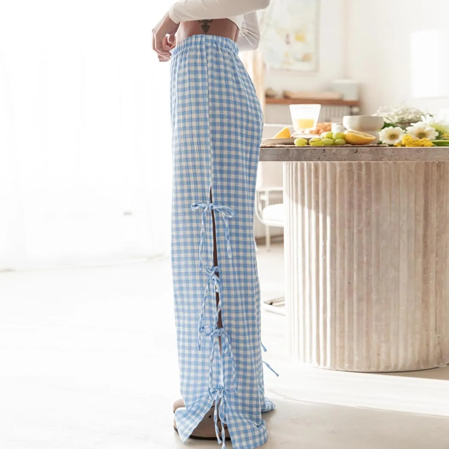 Giraropa Women Y2K Pajama Pants Bow Tie Side Loose Trousers Striped Lounge Pants High Waist Wide Leg Sweatpants Bottoms