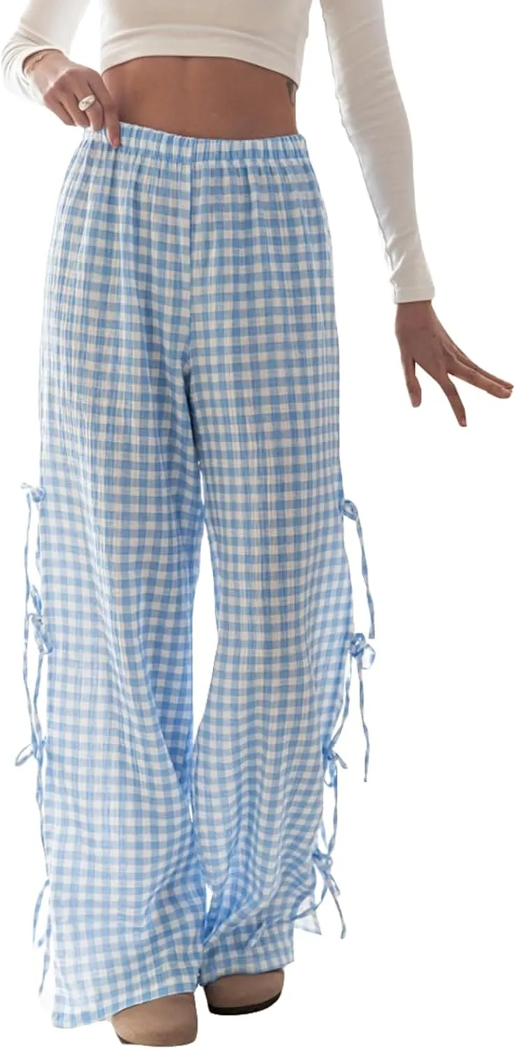 Giraropa Women Y2K Pajama Pants Bow Tie Side Loose Trousers Striped Lounge Pants High Waist Wide Leg Sweatpants Bottoms