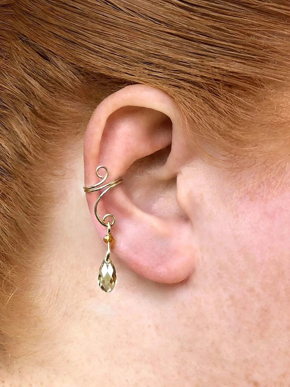 Gold Tone Dangle Ear Cuff with Light Gold Austrian Crystal Beads - Brass Ear Cuff Earring, Beaded No Piercing Helix Earrings with Beads, Sparkling Earcuff Jewelry, Dangle Cuff, Cartilage Non Pierced