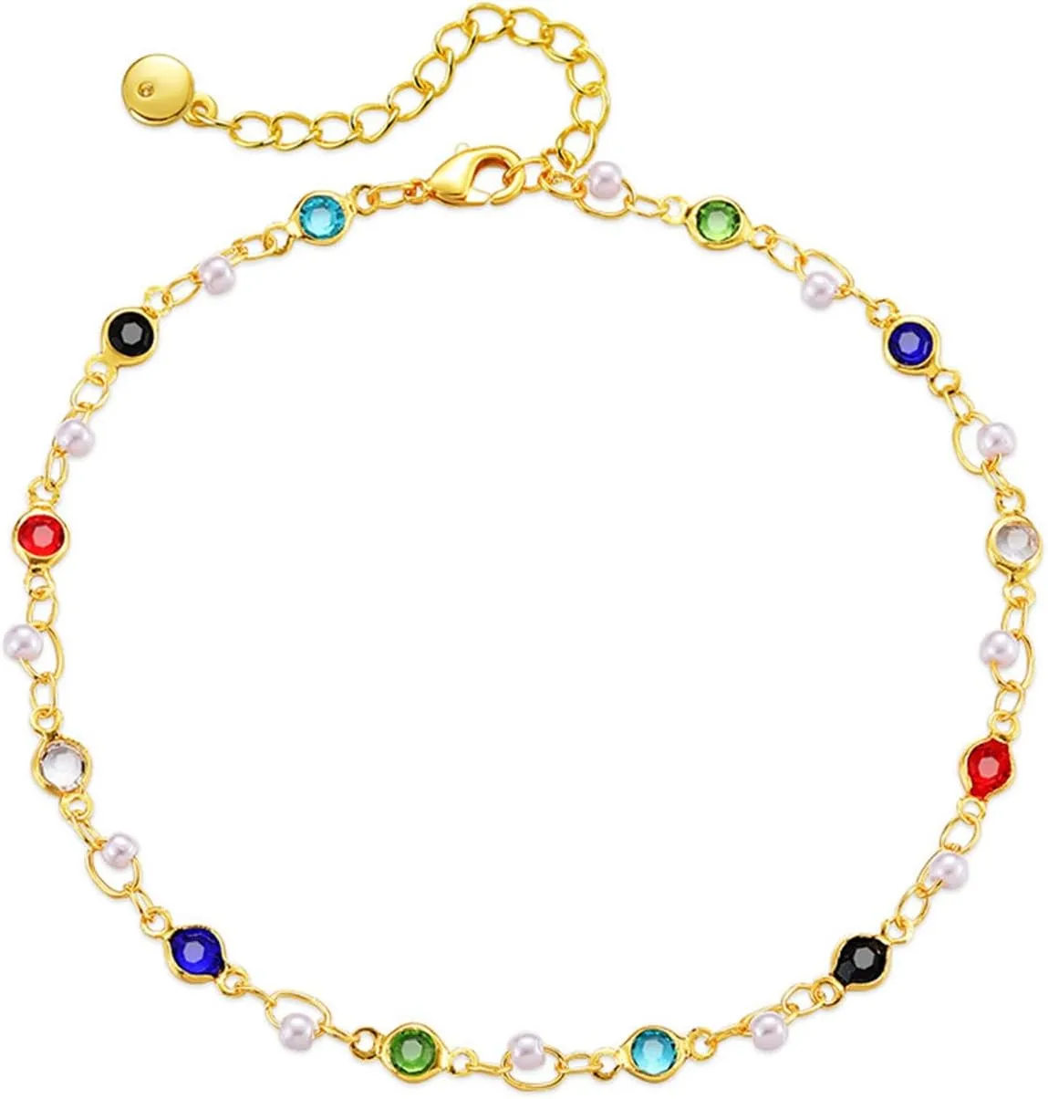 Gold/Silver Ankle Bracelets for Women 18K Gold Anklets for Women Pearl Ankle Bracelet Colorful Crystal Cubic Zirconia Anklets Bracelets Non Tarnish Summer Beach Jewelry Gift