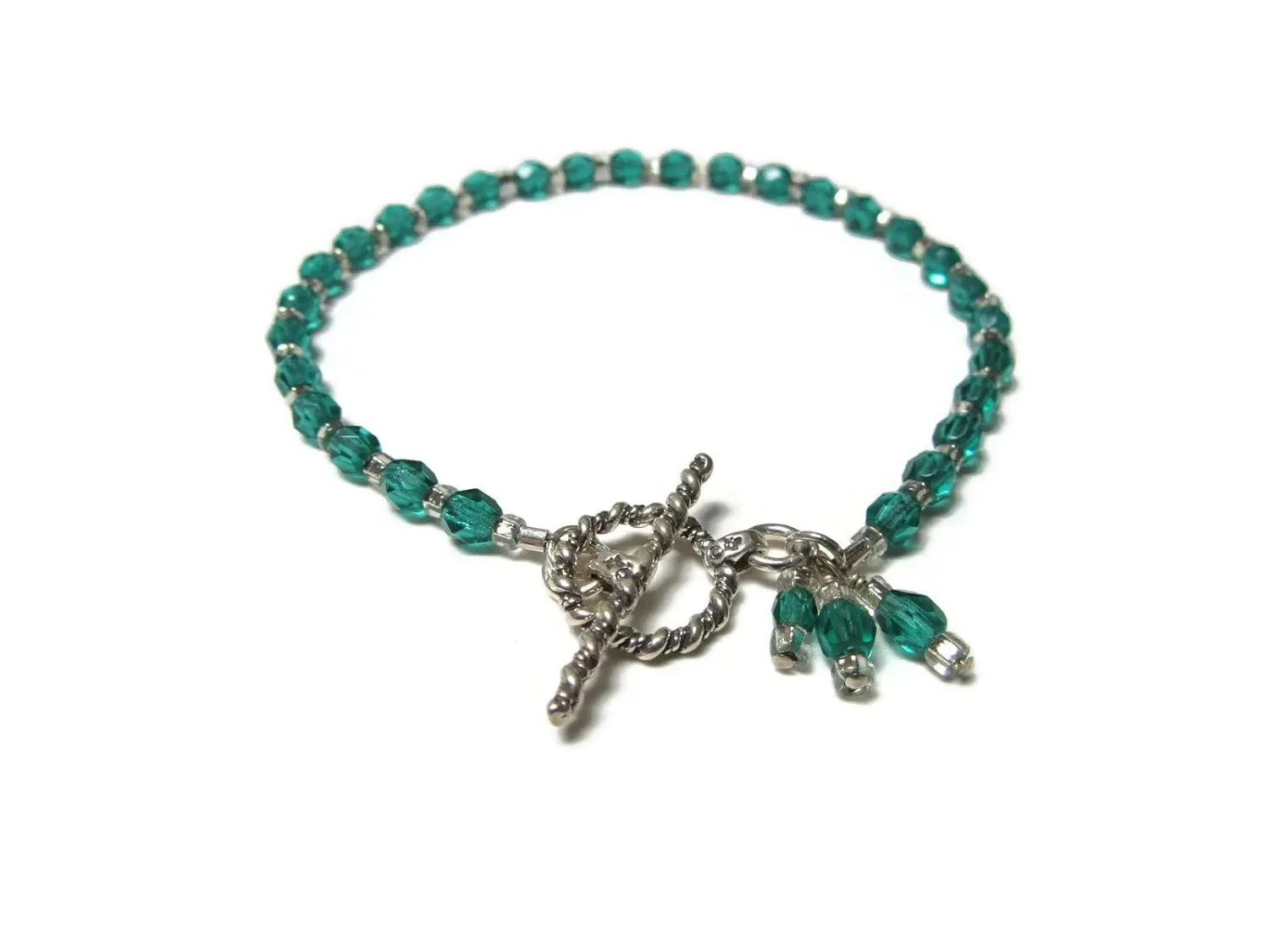Green & Silver Glass Beaded Bracelet With Charm