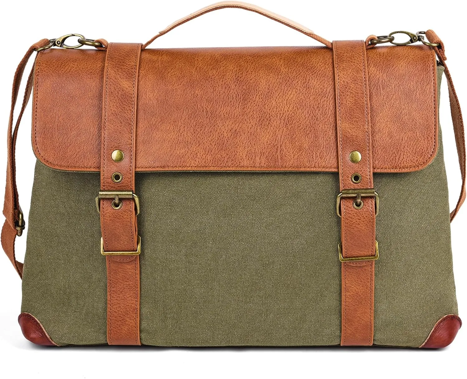 Green Messenger Shoulder Bag, Leather & Canvas Laptop Bag, Crossbody Briefcase, Computer Bags for Laptops