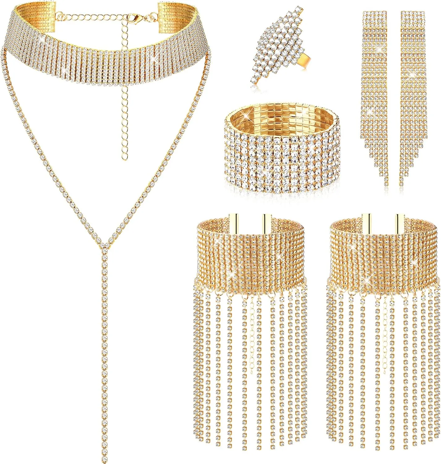HAIAISO 7 Pieces    for Women    Tennis Stretch Bracelet Dangle Earrings Diamond Ring    Wedding Bridal Prom Party Jewelry
