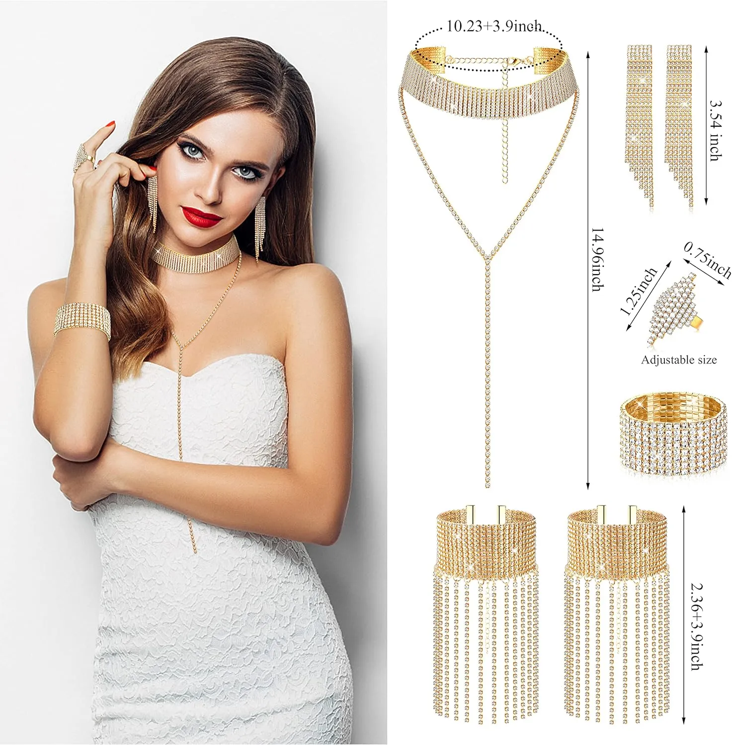 HAIAISO 7 Pieces    for Women    Tennis Stretch Bracelet Dangle Earrings Diamond Ring    Wedding Bridal Prom Party Jewelry