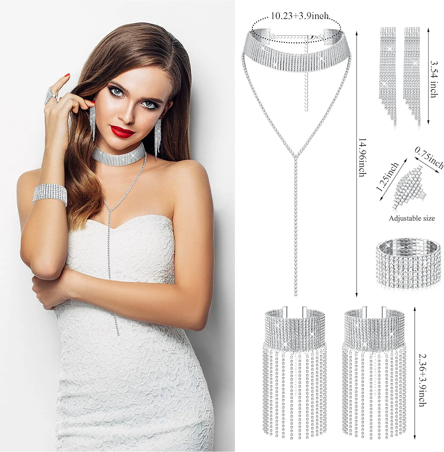 HAIAISO 7 Pieces    for Women    Tennis Stretch Bracelet Dangle Earrings Diamond Ring    Wedding Bridal Prom Party Jewelry