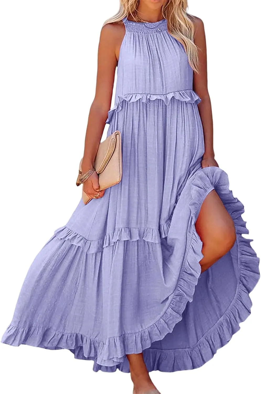 Halter Maxi Dresses for Women 2024 Summer Trendy Sleeveless Maxi Dress Tiered Flowy Dress with Pockets S-XL