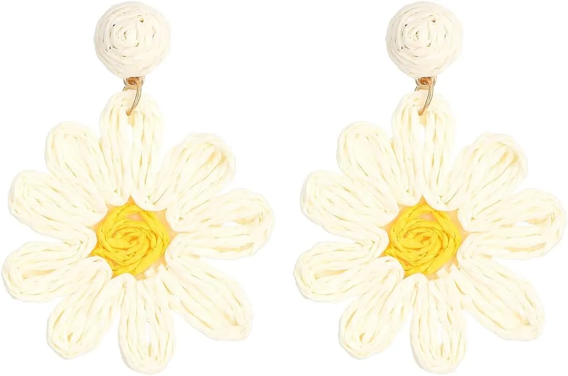Handwoven Raffia Earrings for Women Bohemian Style Raffia Flower Starfish Drop Dangle Earrings Statement Flowers Earrings Summer Beach Charm Jewelry
