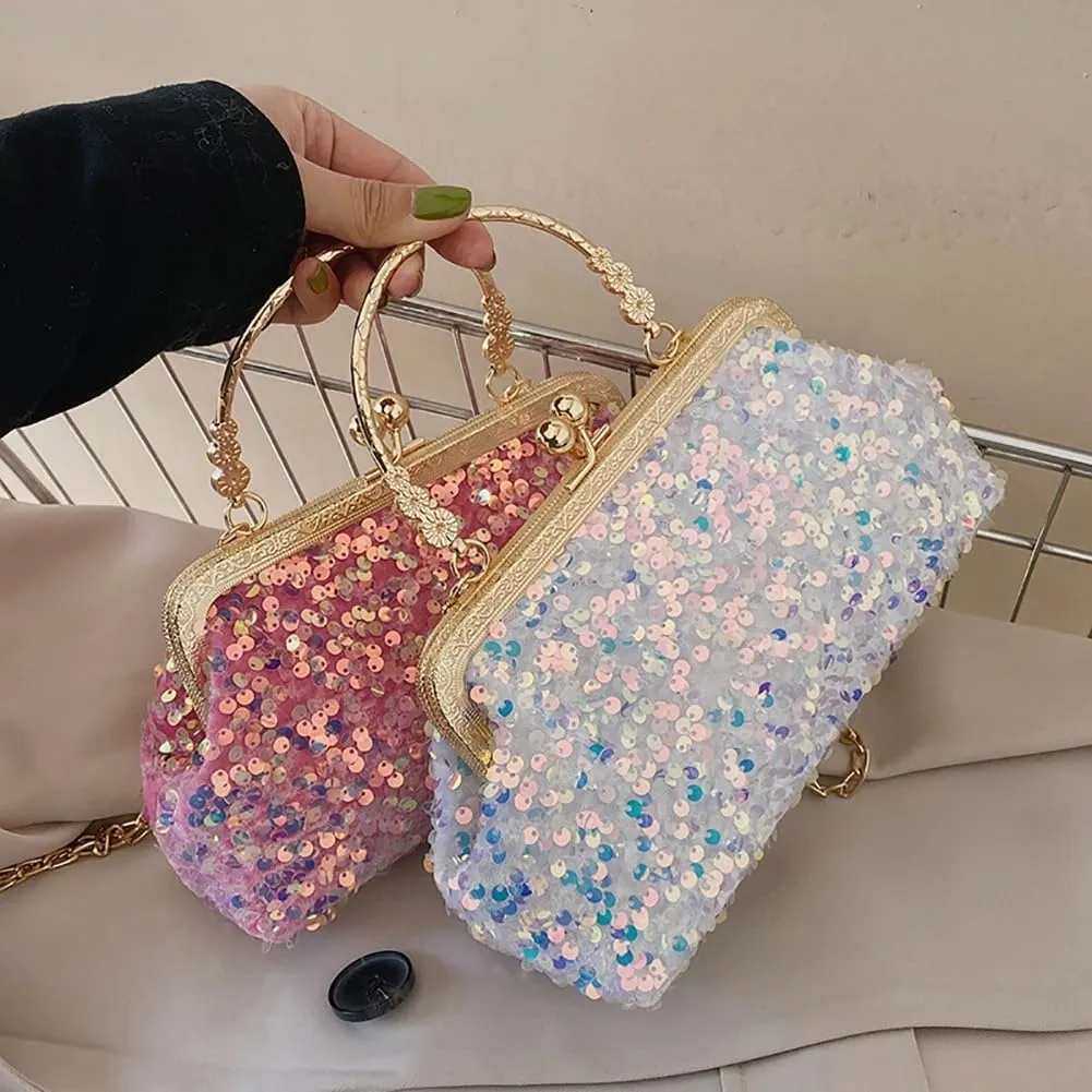 HUFFA Evening Party Glitter Shoulder Bag Clutch Bag Crystal Female Party Wedding Handbag Chain Shoulder Crossbody Bags (Color : Blue, Size : One Size)