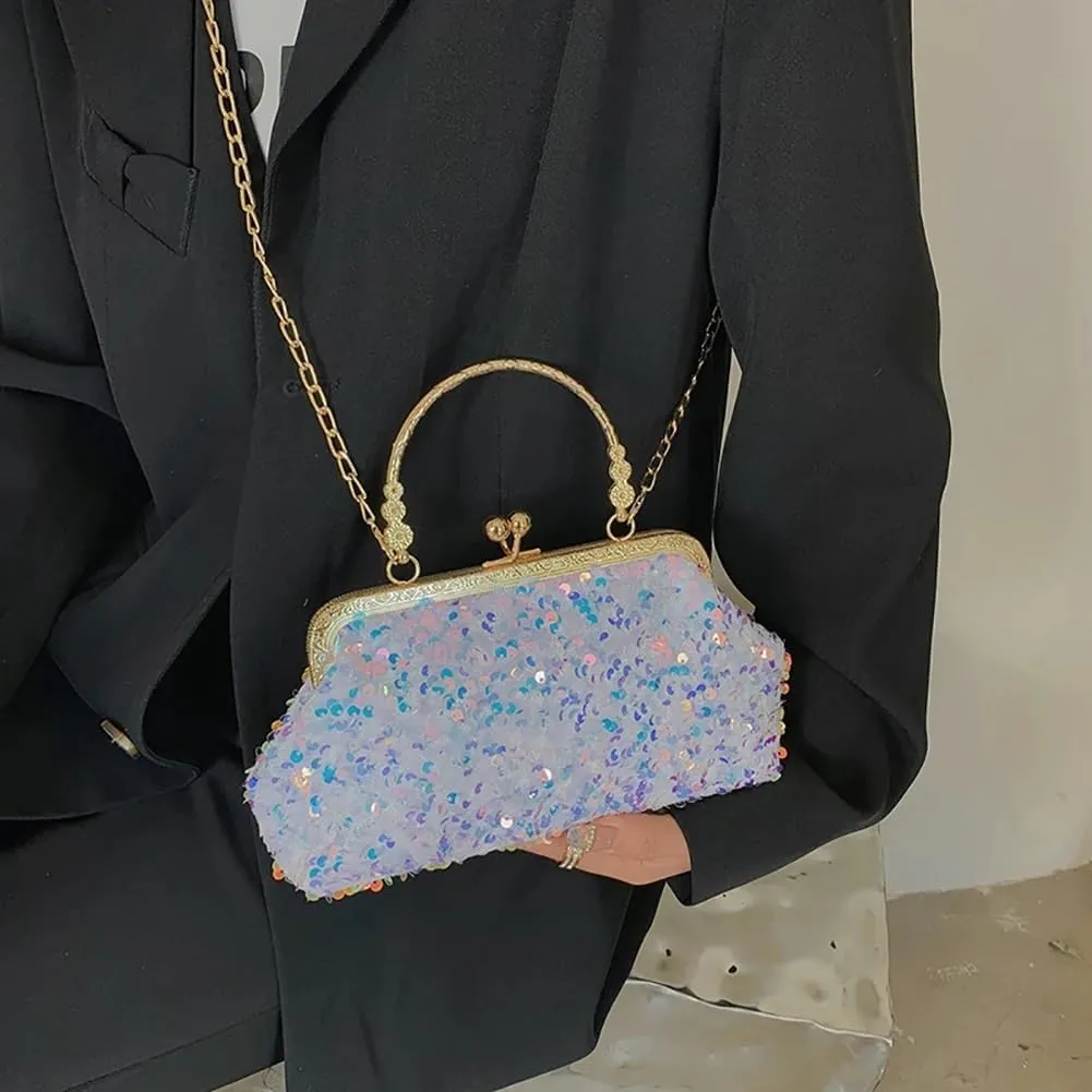 HUFFA Evening Party Glitter Shoulder Bag Clutch Bag Crystal Female Party Wedding Handbag Chain Shoulder Crossbody Bags (Color : Blue, Size : One Size)