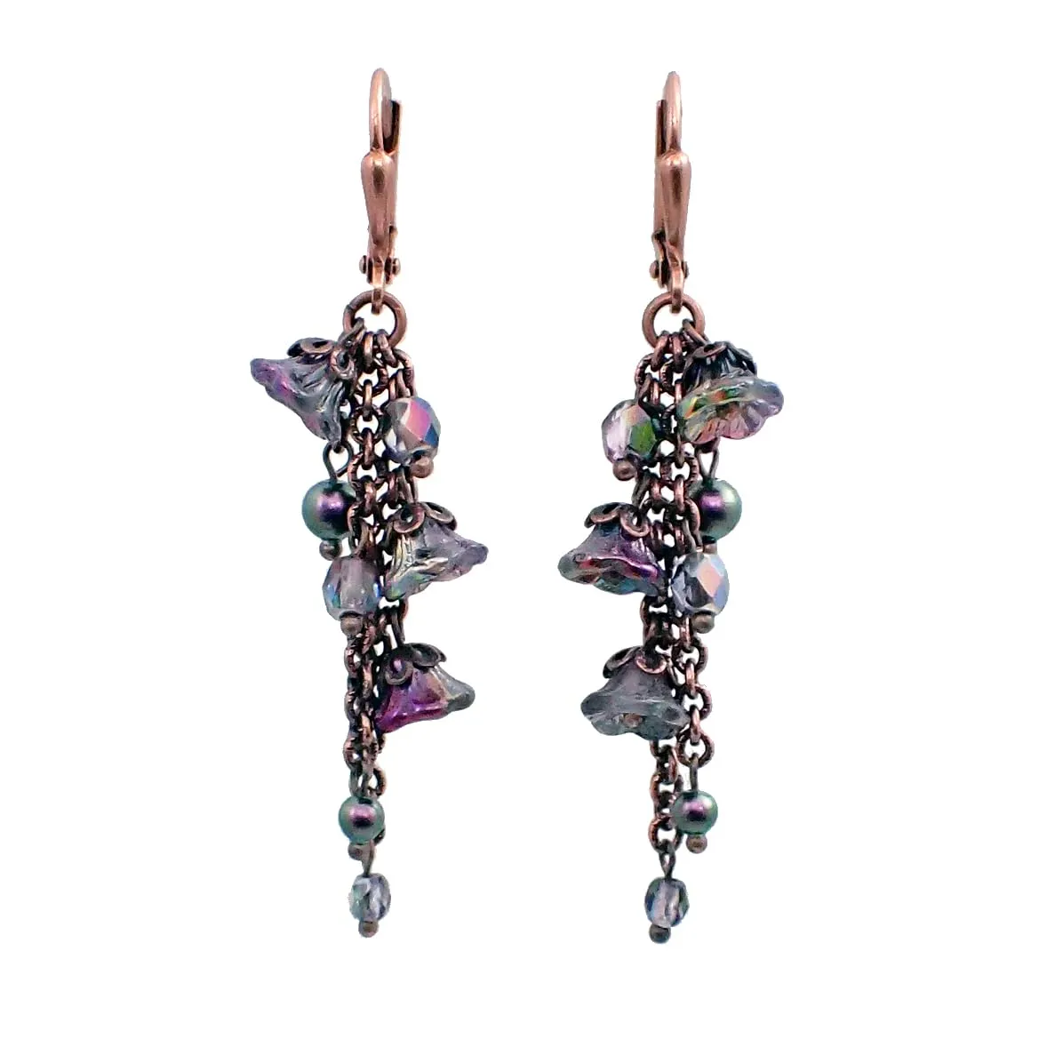 Iridescent Purple Flower and Chain Lever-Back Earrings