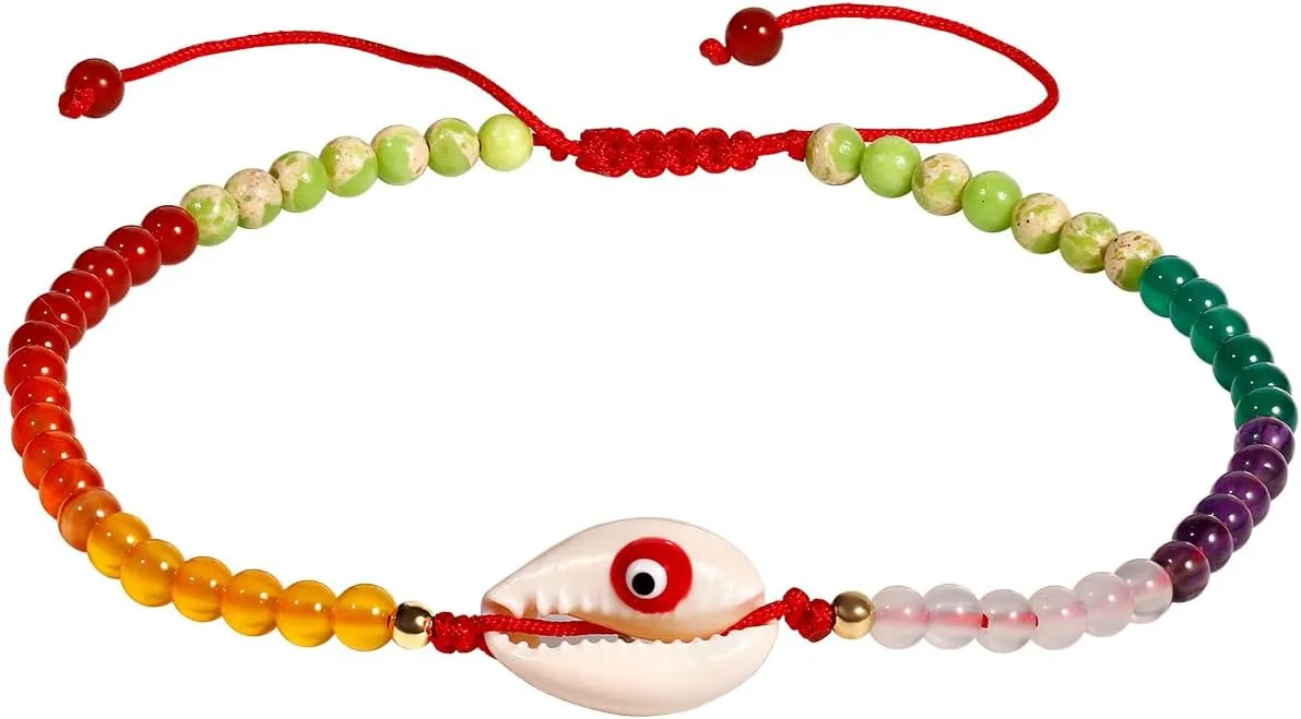 Jewever Evil Eye /7 Chakra Healing Crystals Energy Beaded Anklet Boho Summer Beach Ankle Bracelets for Women Shell Jewelry Adjustable