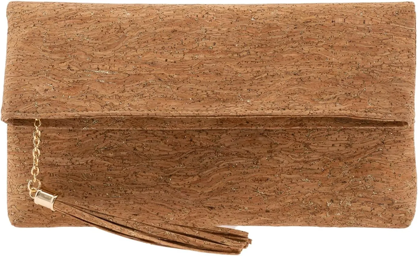 JNB Women's Cork Material Foldover Clutch with Tassel