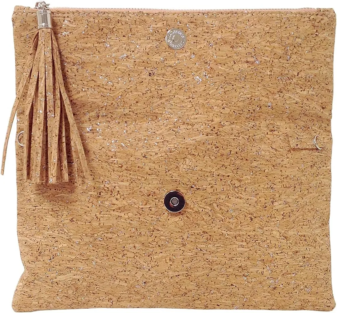 JNB Women's Cork Material Foldover Clutch with Tassel