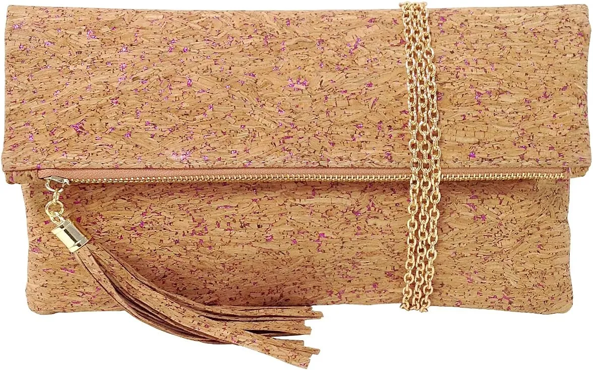 JNB Women's Cork Material Foldover Clutch with Tassel