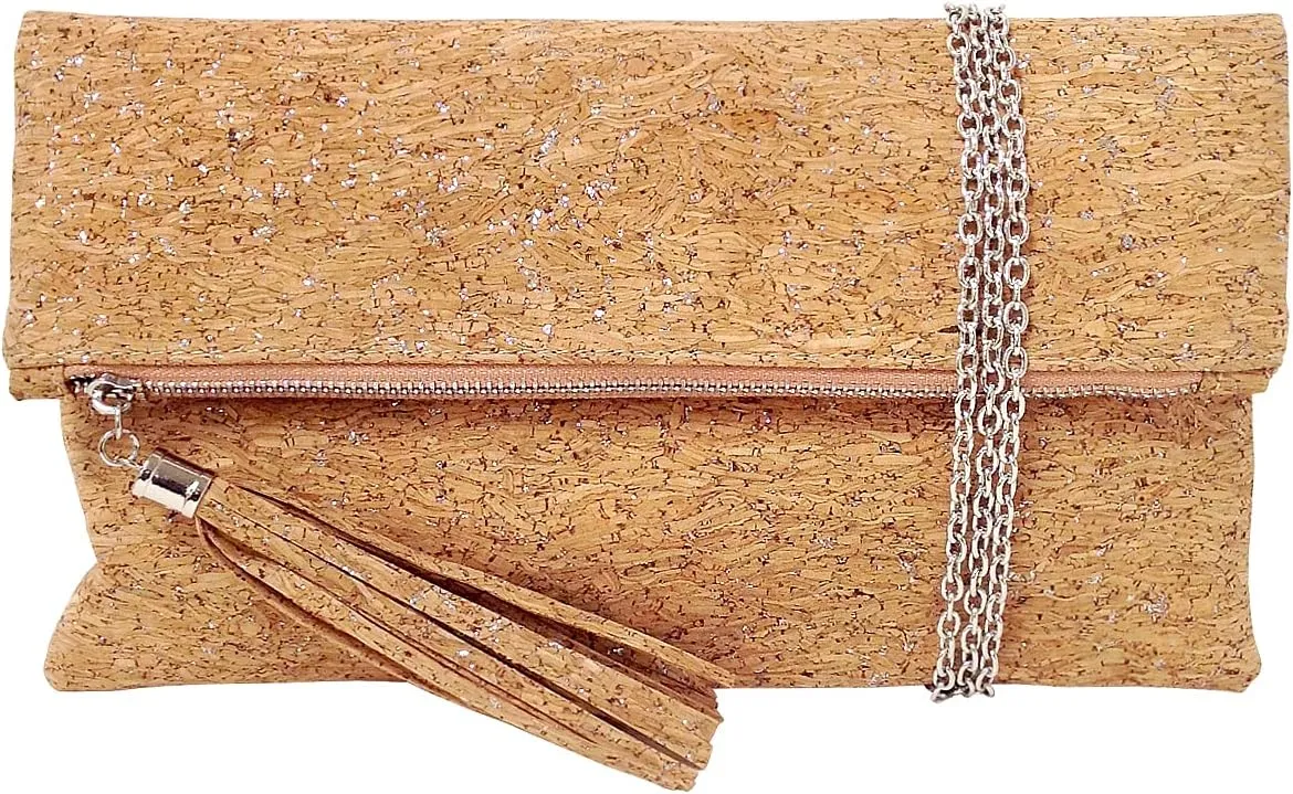 JNB Women's Cork Material Foldover Clutch with Tassel