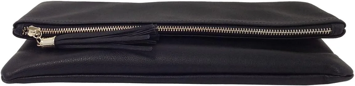 JNB Women's Faux Leather Zipper Foldover Clutch Purse with Tassel
