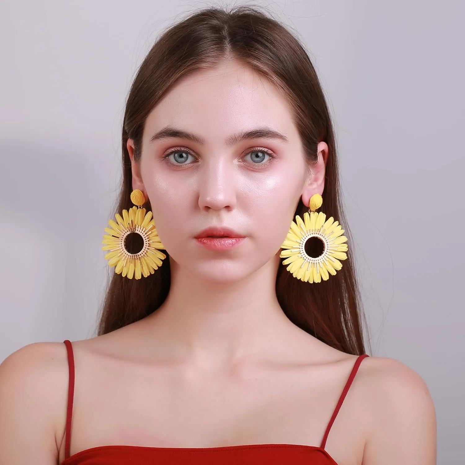 Large Raffia Sunflower Earrings, Handmade Raffia Statement Drop and Dangle Earrings Summer Tropical Beach Jewelry