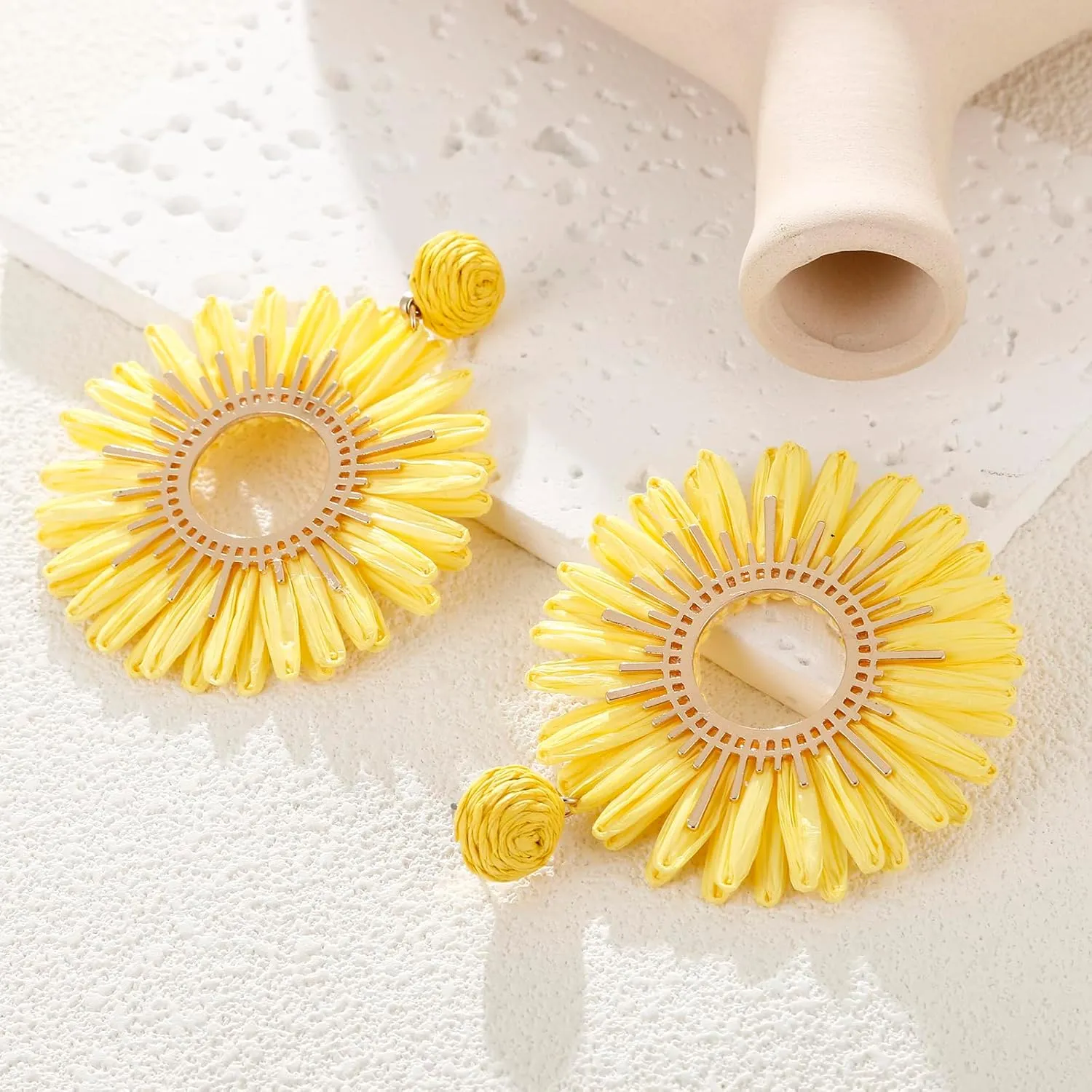Large Raffia Sunflower Earrings, Handmade Raffia Statement Drop and Dangle Earrings Summer Tropical Beach Jewelry